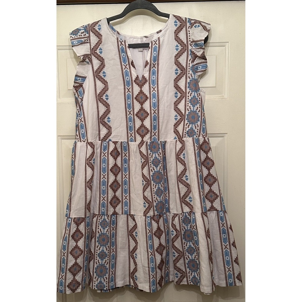 Loft Southwestern Geometric Print Dress, Brown Blue Cream, Size Large